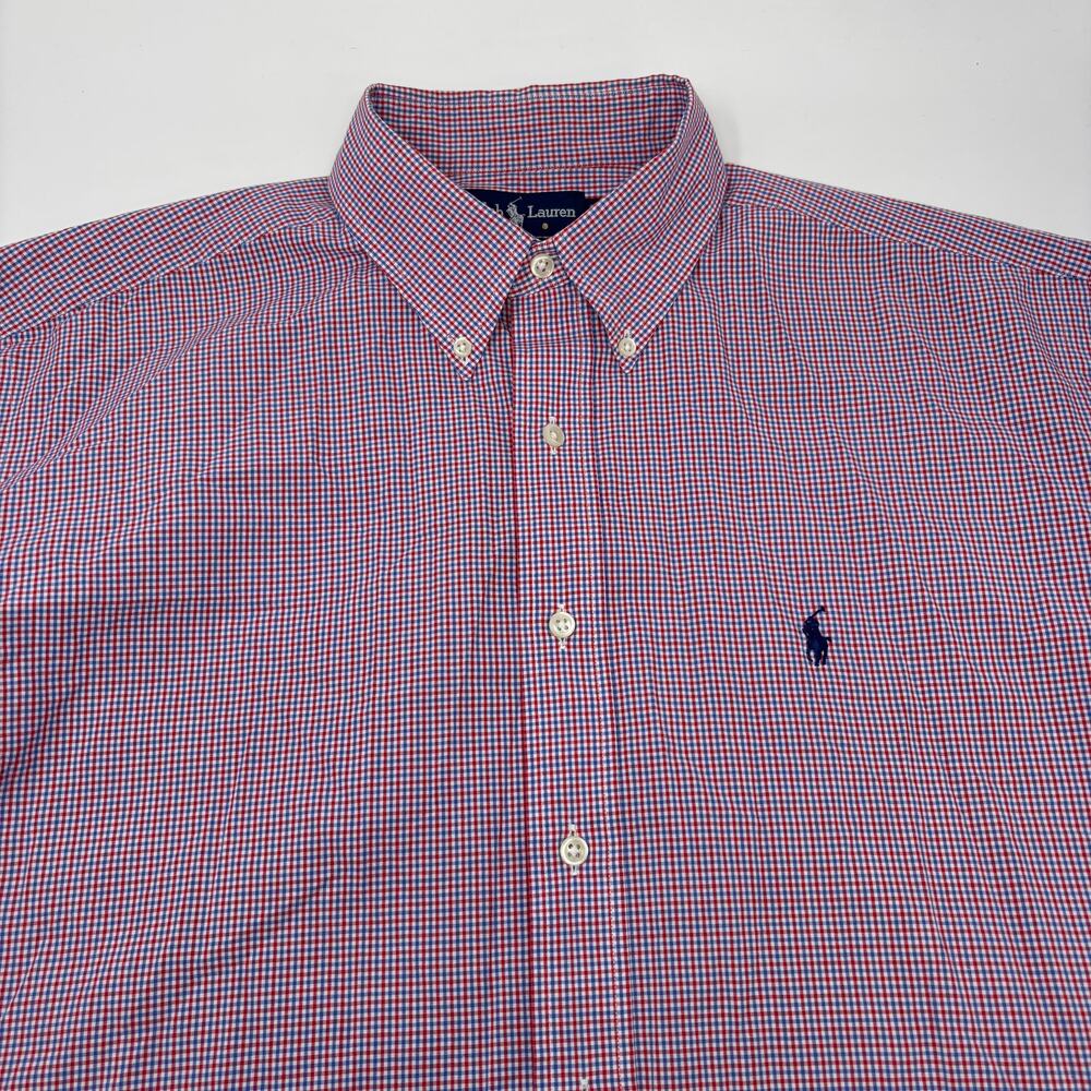 Ralph Lauren Mens Large Red Blue Check Short Sleeve Button Down Blake‎ Shirt